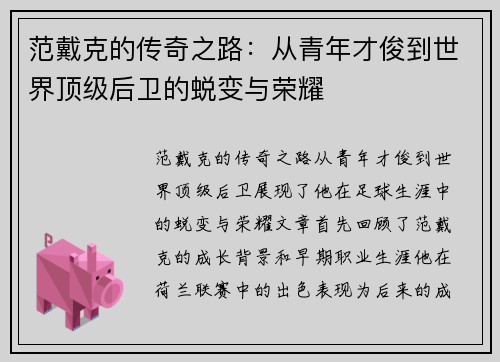 范戴克的传奇之路：从青年才俊到世界顶级后卫的蜕变与荣耀